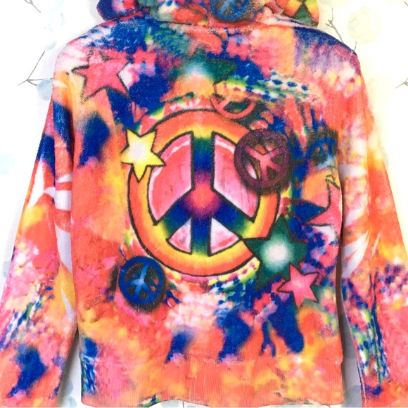 Justice Kids Rainbow Tie Dye Fleece Hoodie Sweatshirt Peace Stars Heart Zipper - Picture 13 of 14